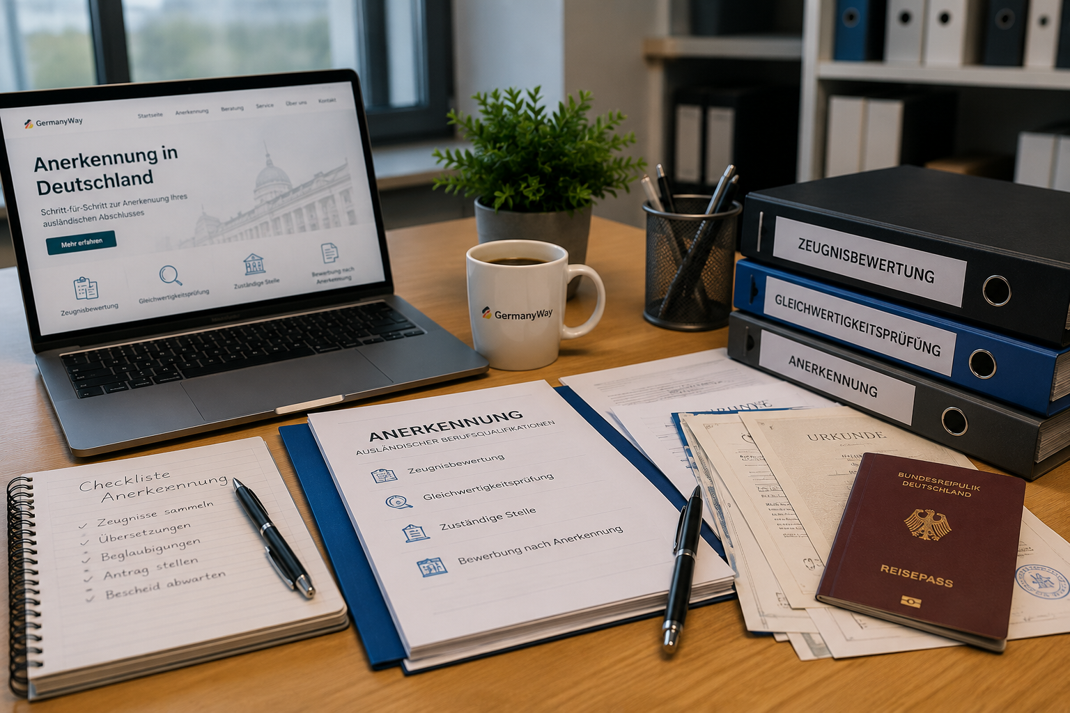 Schreibtisch mit Laptop, Anerkennungsunterlagen, Checkliste, Ordnern und Dokumenten zur Anerkennung in Deutschland