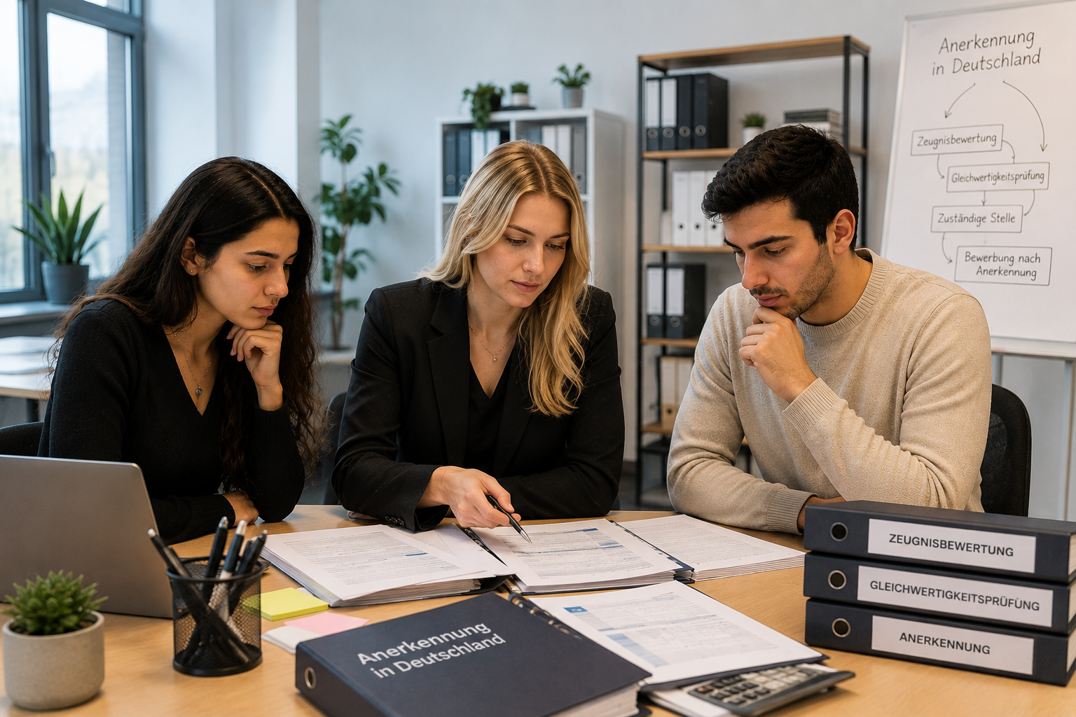GermanyWay Beratung zur Anerkennung in Deutschland mit Bewerbern, Dokumenten und Laptop im modernen Büro