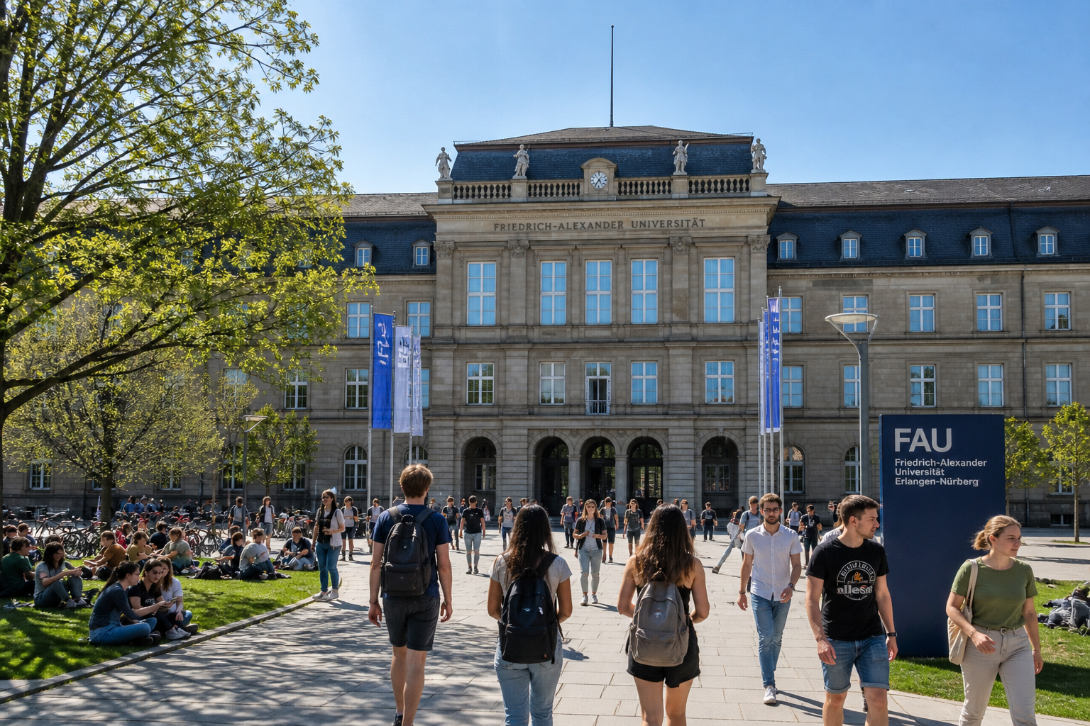 FAU Erlangen-Nürnberg Universitätsgebäude mit vielen Studierenden auf dem Campus
