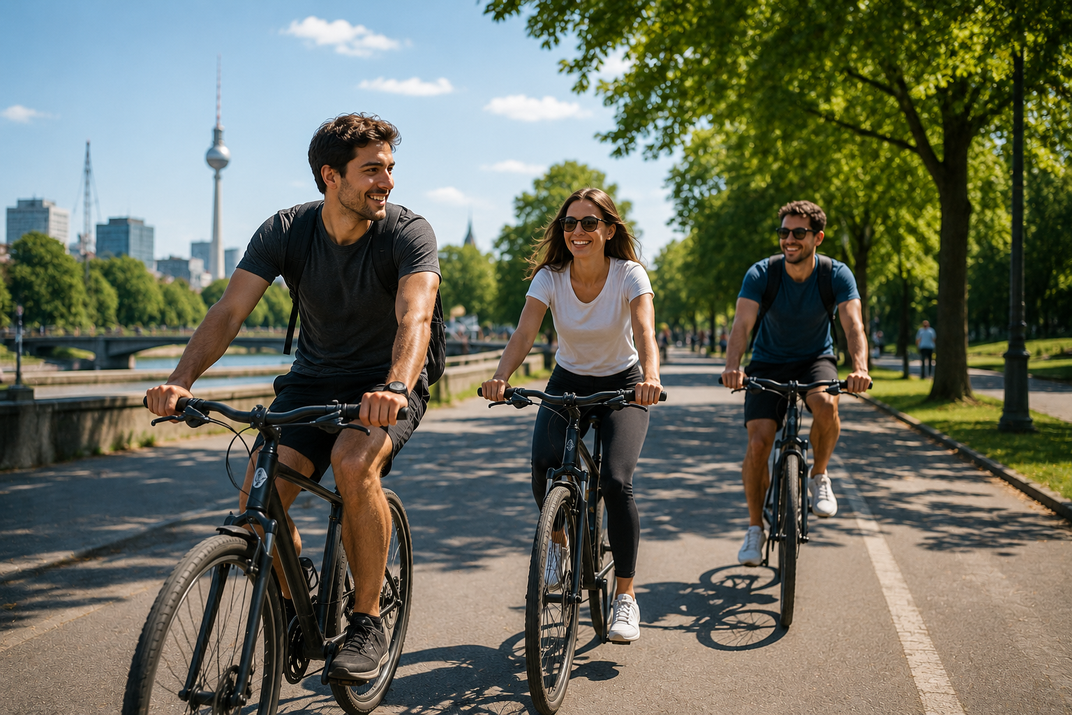 Internationale Menschen fahren Fahrrad im Stadtpark am Fluss in Deutschland