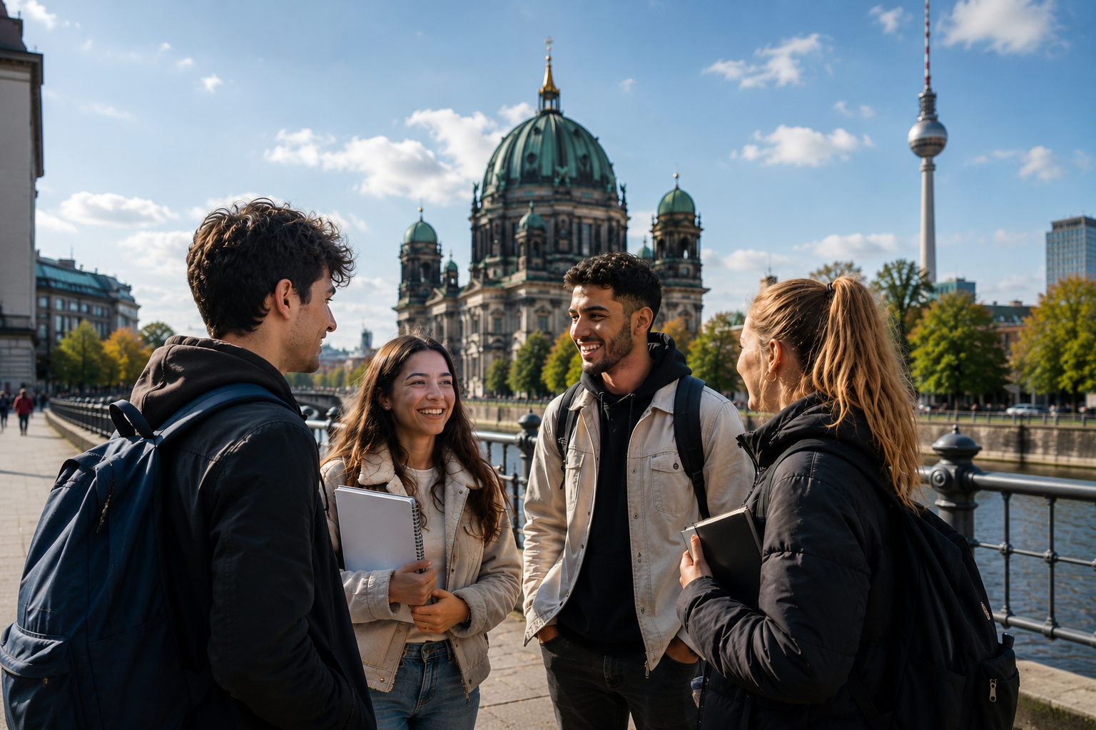 Internationale junge Menschen sprechen gemeinsam in Berlin über Ausbildung, Studium und Wege nach Deutschland