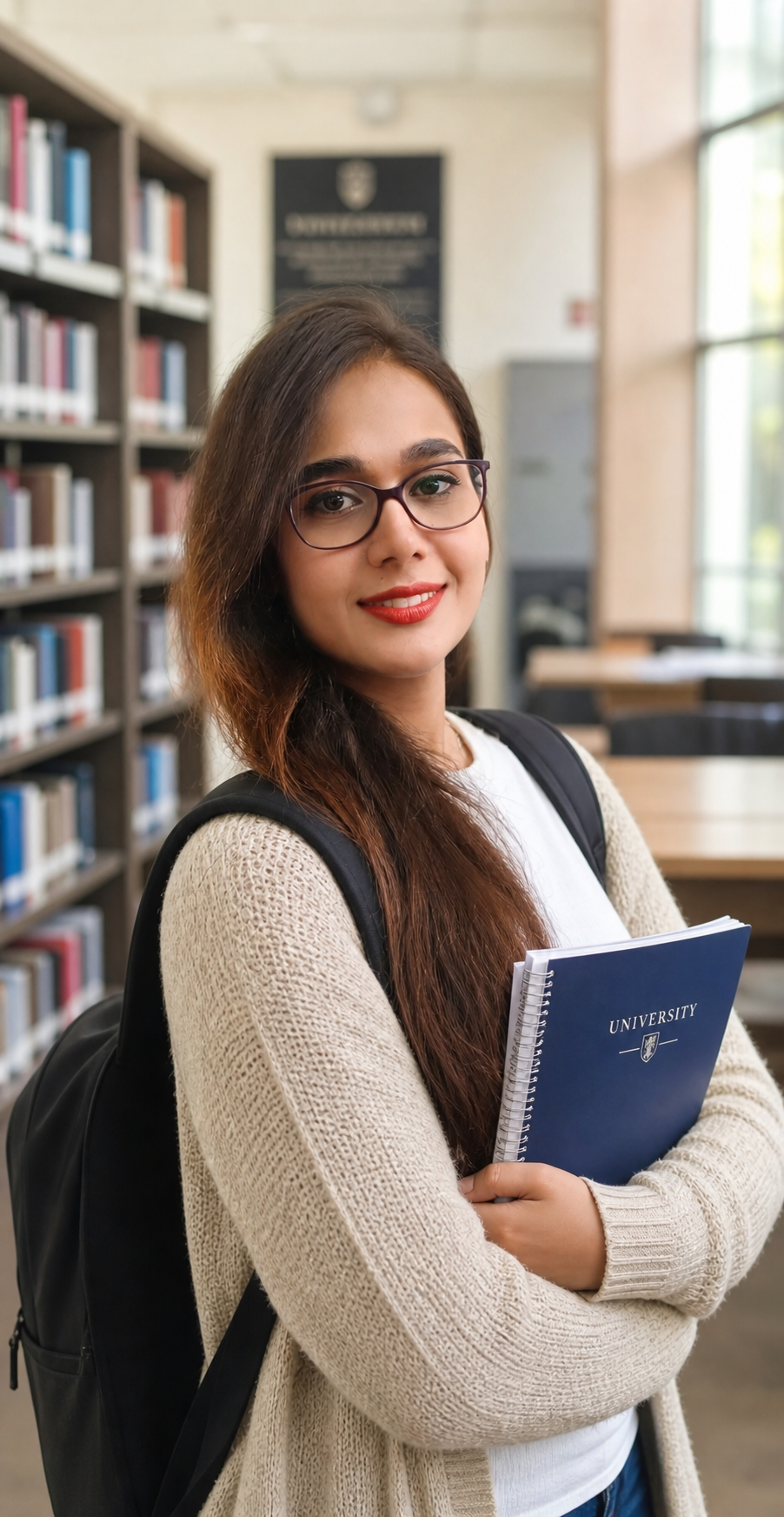 Internationale Studentin mit Notizbuch in einer Universitätsbibliothek