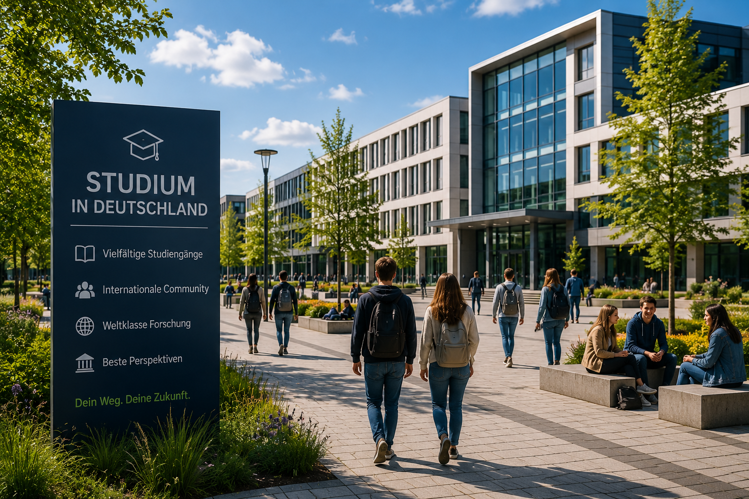 Moderner Universitätscampus mit Schild Studium in Deutschland für internationale Studierende
