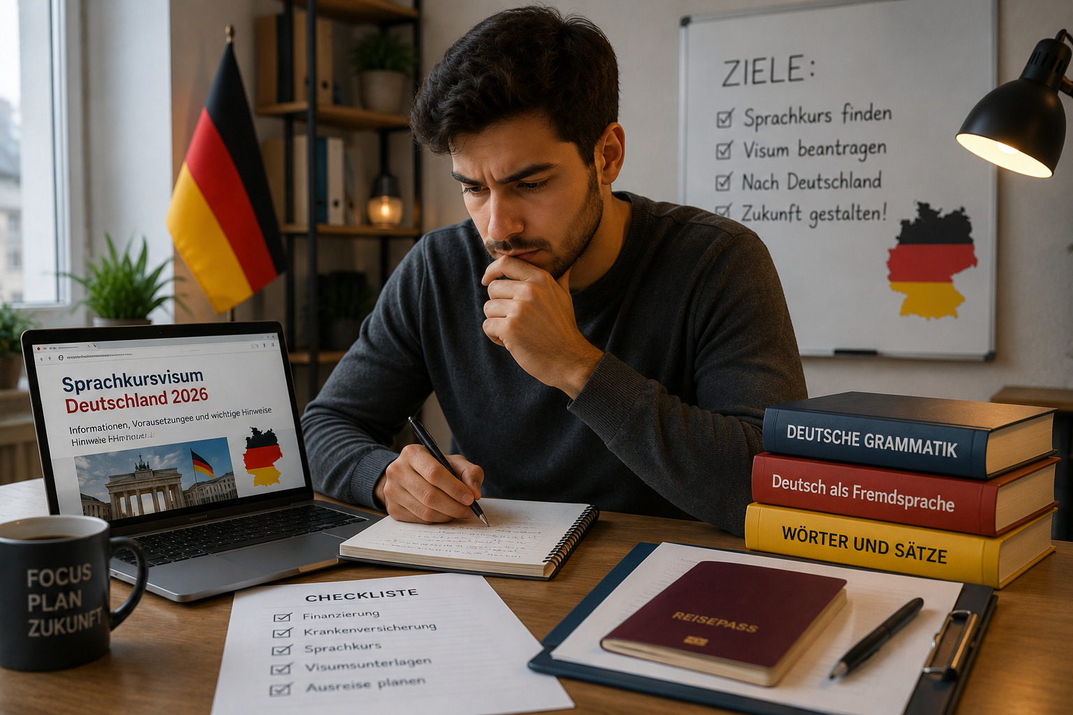 Studierende planen Ausbildung, Studium oder Sprachkurs in Deutschland mit Laptop und Unterlagen