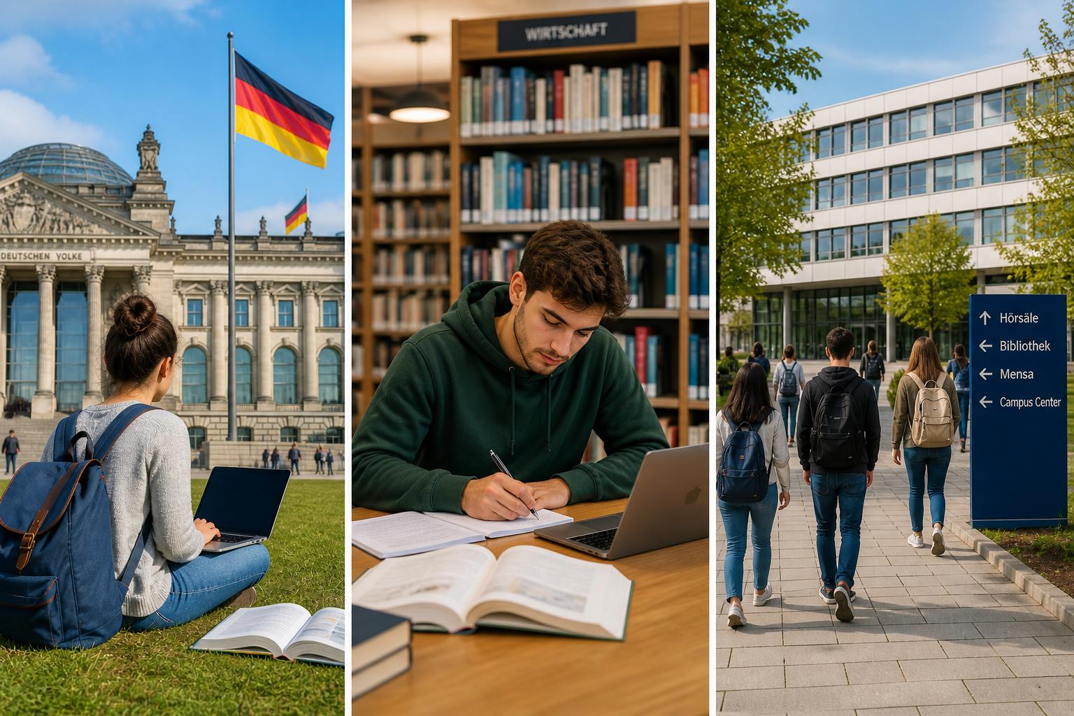 Internationale Studierende auf einem deutschen Universitätscampus mit Bibliothek, Hörsälen und Mensa