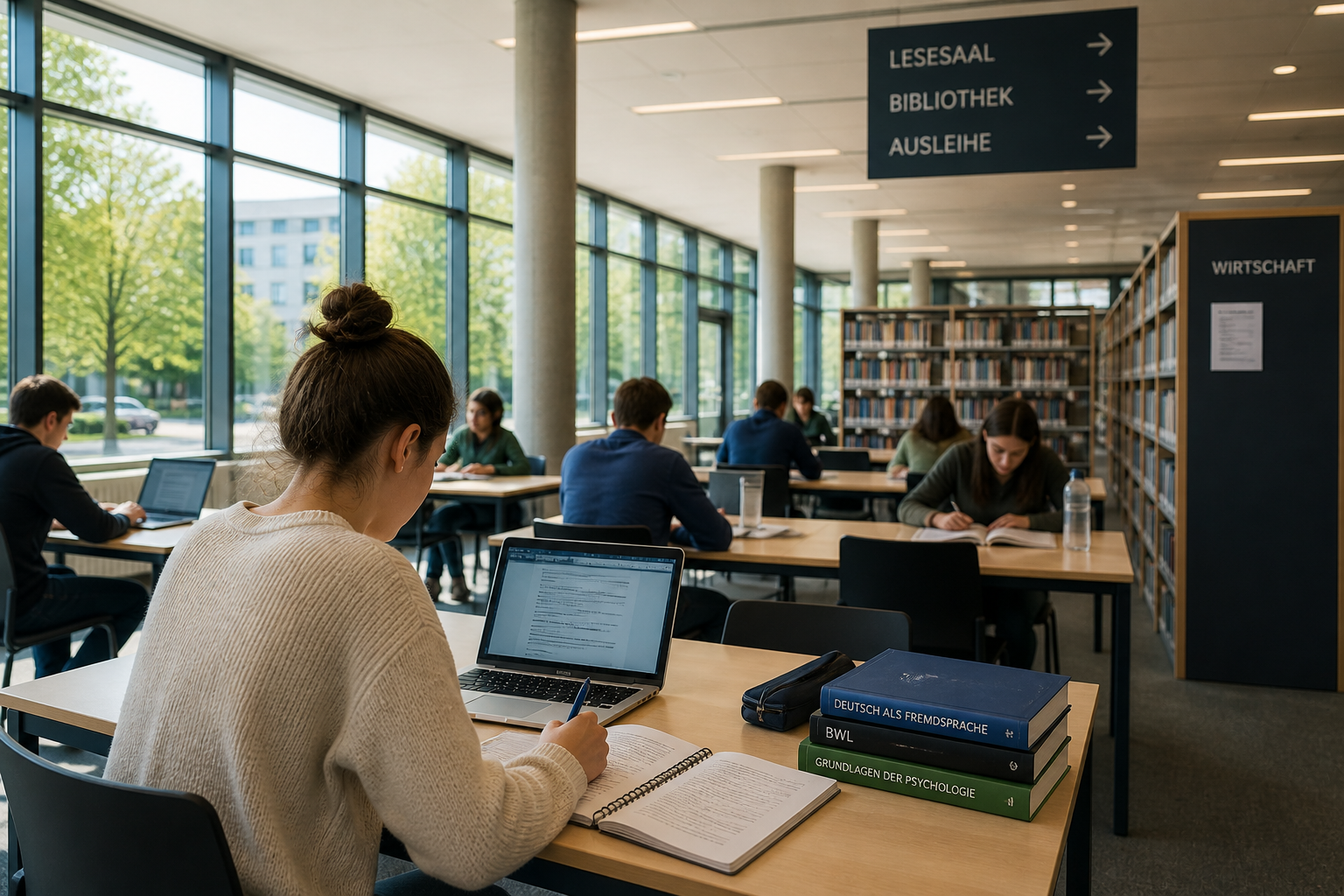 Studierende lernen in einer modernen Bibliothek in Deutschland mit Laptop, Büchern und Notizen