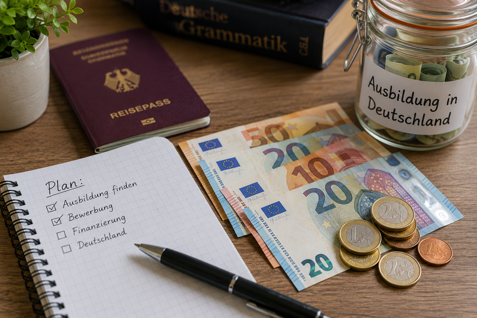 Ausbildung in Deutschland mit Euro-Geld, Notizbuch, Reisepass und Finanzierungsplanung