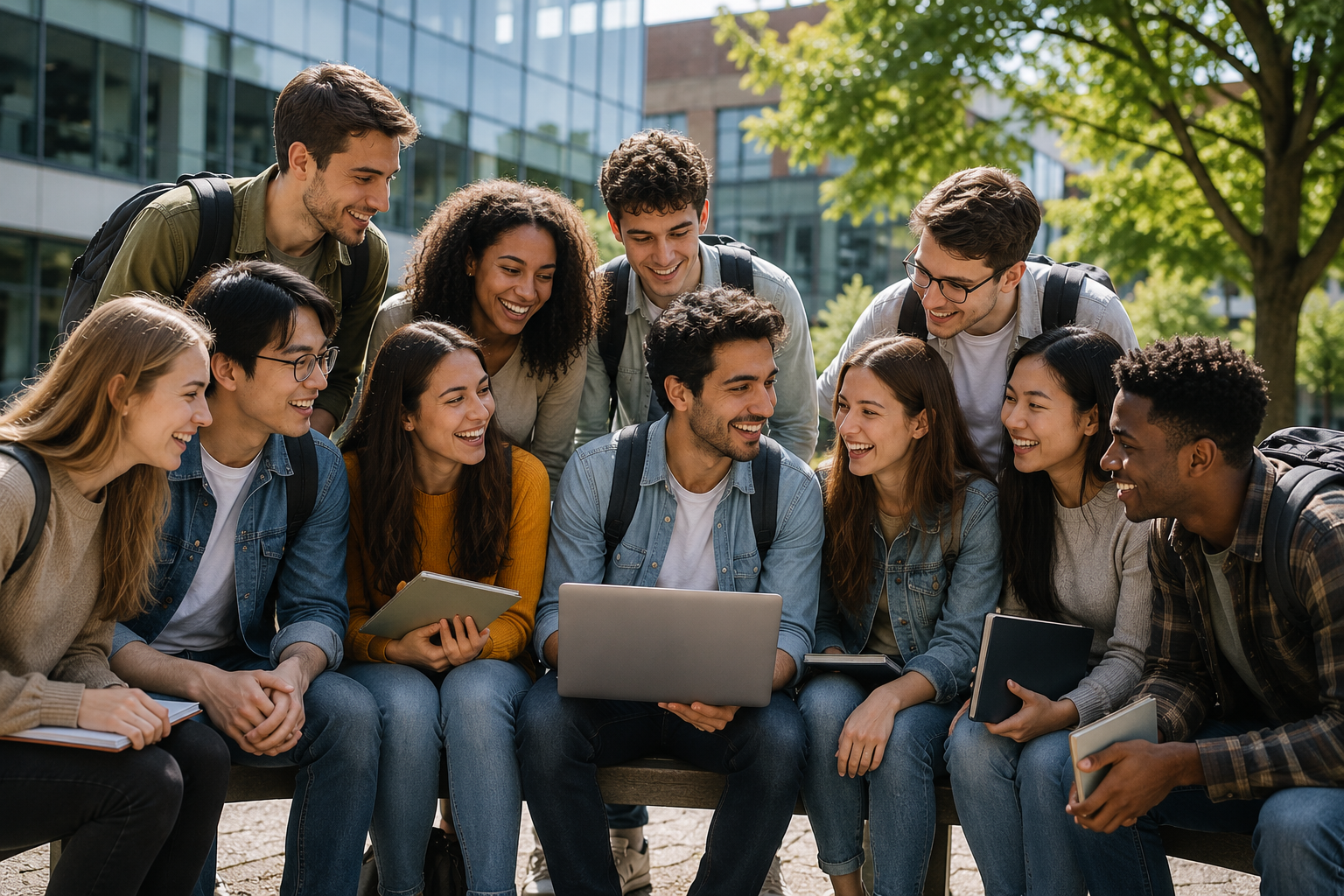 Internationale Studierende lernen gemeinsam auf dem Campus und planen ihr Studium in Deutschland