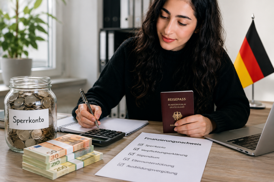 Finanzierungsnachweis für Deutschland mit Euro-Geldscheinen, Reisepass, Sperrkonto und Unterlagen auf einem Schreibtisch
